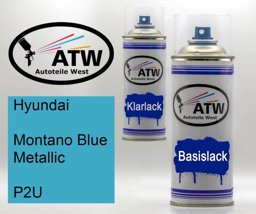 Hyundai, Montano Blue Metallic, P2U: 400ml Sprühdose + 400ml Klarlack - Set, von ATW Autoteile West.